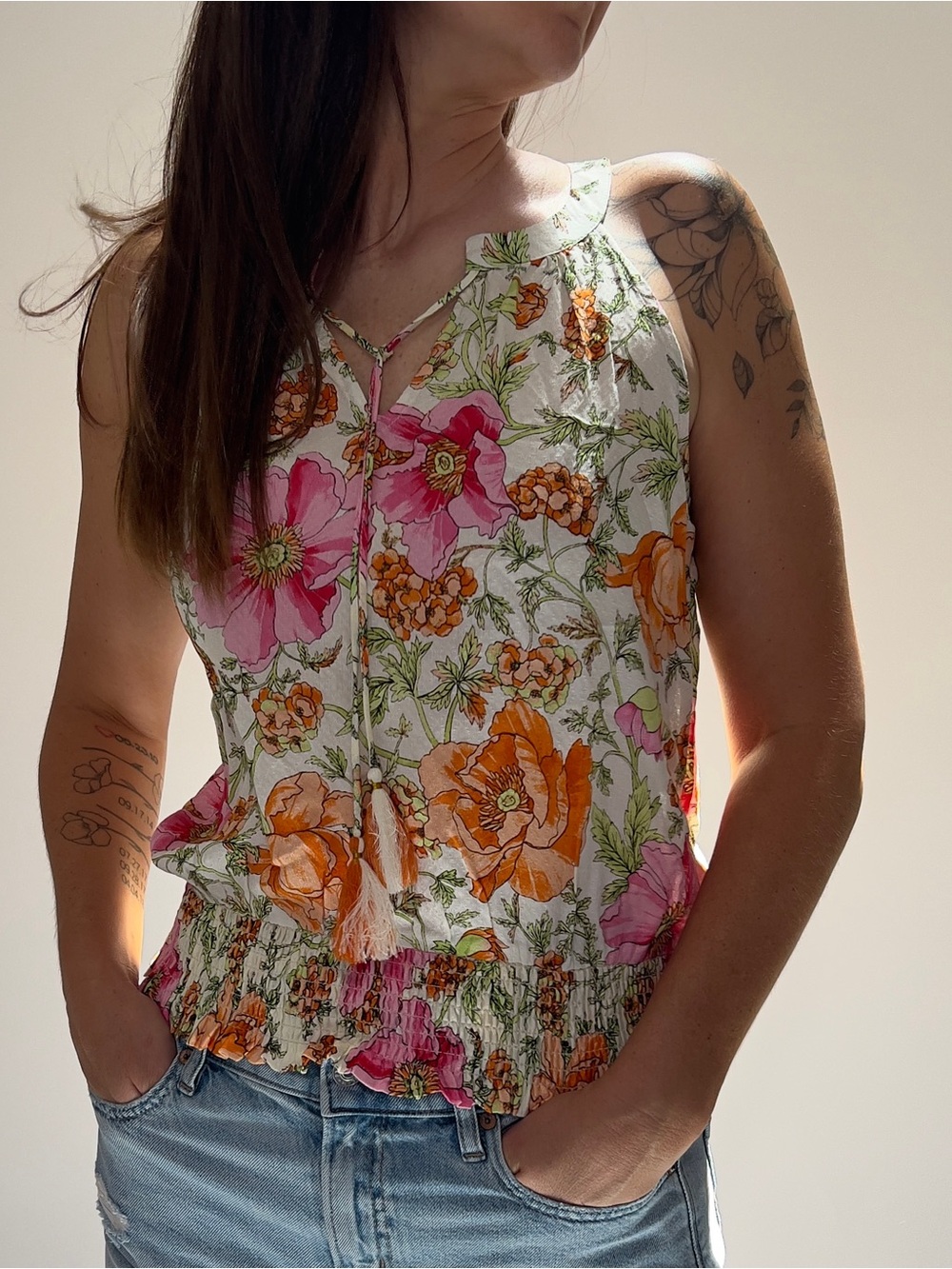 Rose & Olive Floral Halter Crop Top - Pink, Orange & Green